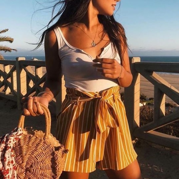 MODA ME COUTURE Pants - MUSTARD STRIPED SHORTS *womens ladies shorts